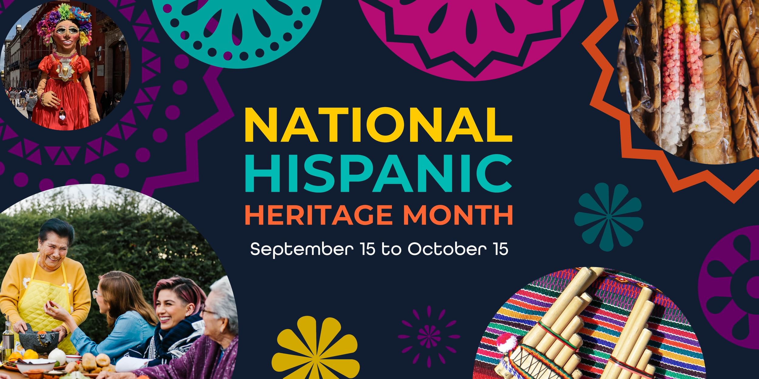 A festive banner celebrating National Hispanic Heritage month from September 15 to October 15